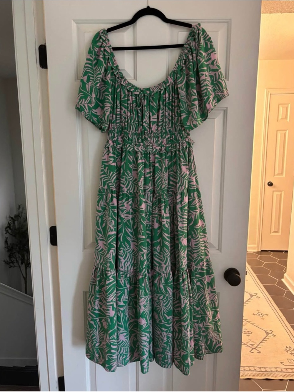 Green & Pink Leaf-Print Off-Shoulder Maxi Dress